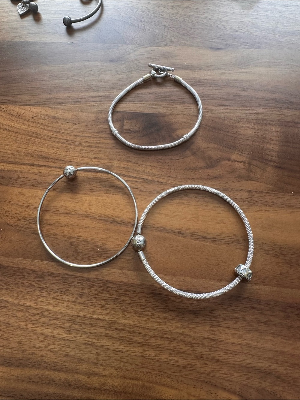 Three Pandora Silver Charm Bracelets with one bead 8 inch